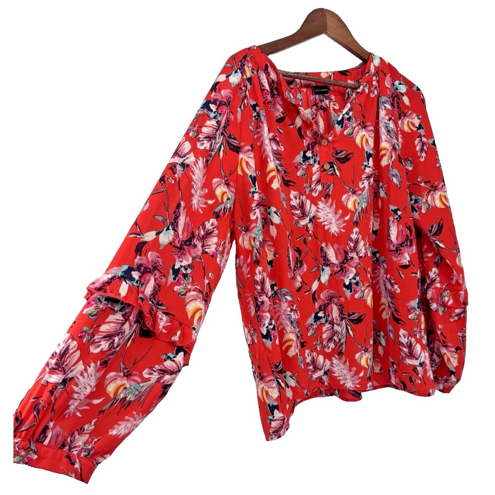 Buckle Black Floral Blouse V-Neck Balloon Long Sleeve XL Fairy Semi-Sheer Fairy